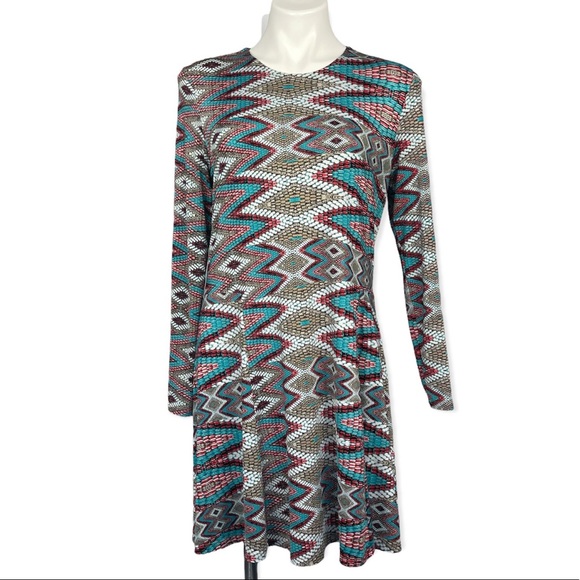 MISA Los Angeles Prism Print Slinky Swing Dress Long Sleeve Mosaic Southwestern - Picture 4 of 16